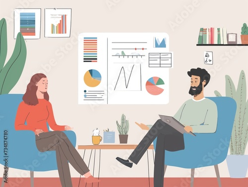 Illustration of a financial advisor explaining budgeting strategies to a client in a cozy office setting, with charts and diagrams