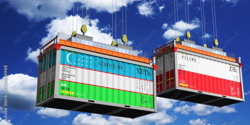 Shipping containers with flags of Uzbekistan and Poland - 3D illustration