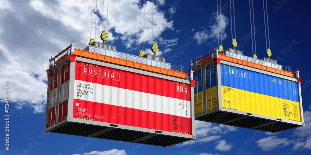 Shipping containers with flags of Austria and Ukraine - 3D illustration