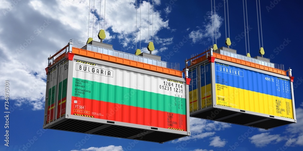 Shipping containers with flags of Bulgaria and Ukraine - 3D illustration