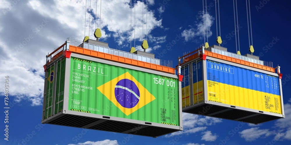 Shipping containers with flags of Brazil and Ukraine - 3D illustration