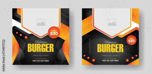 Burger food post online advertising promotion banner business vector layout design with colorful gradient shape and element.