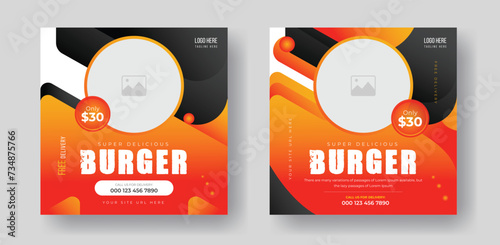 Burger food post online advertising promotion banner business vector layout design with colorful gradient shape and element.