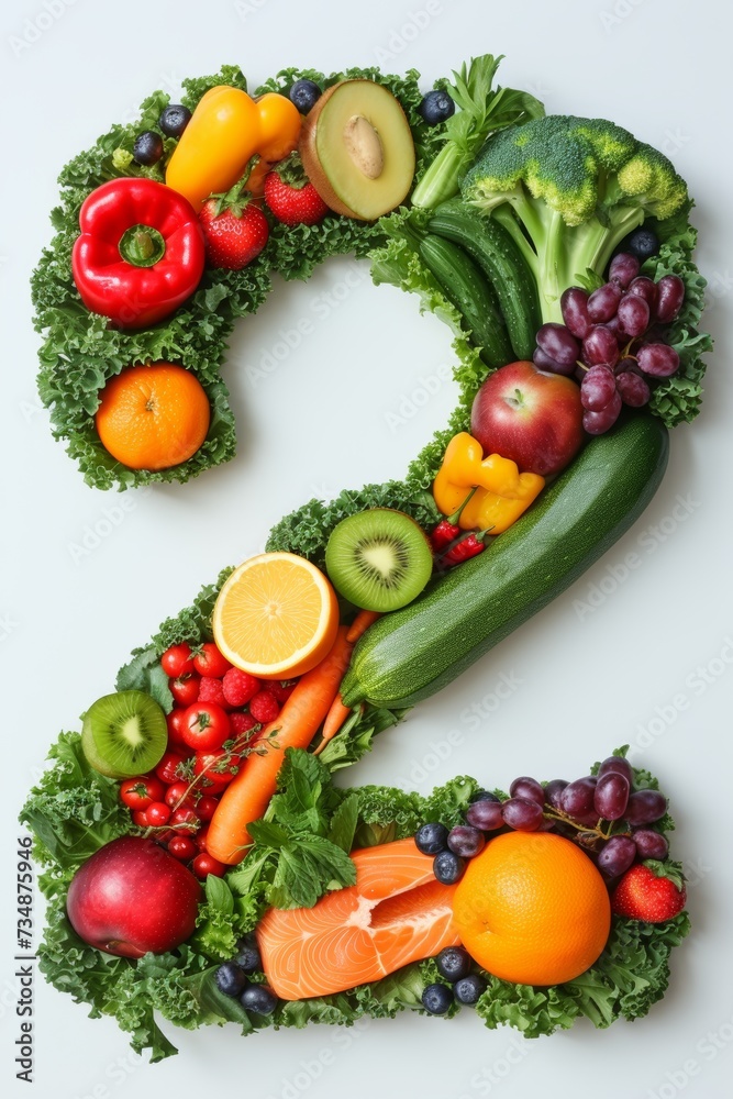 Vibrant number 2 made of colorful fruits and vegetables on clean white background Vibrant number 2 made of colorful fruits and vegetables on clean white background