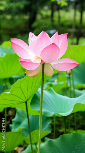 Pink lotus stands tall above large green leaves  with water droplets visible on the petals against a lush  blurred greenery background