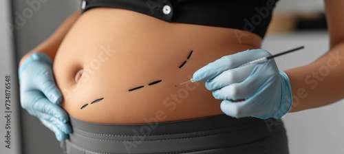 Close up of overweight woman s body with belly and plastic surgery markers, obesity concept photo