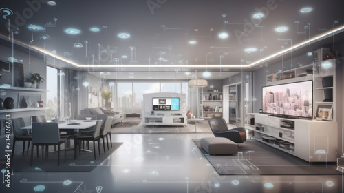 Smart home with connected home electronic devices with app icons around. Futuristic smart house controlled with AI system. Modern luxury house interior. Internet of things concept. Generative AI. 