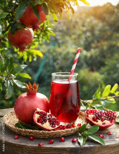 pomegranate juice and fruits on the table in summer garden photo