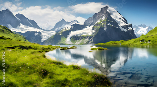 A mountain range with a mountain range in the background.,, A landscape with mountains and a field with a house on the top.