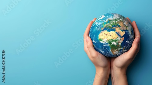Caring hands cradle miniature earth on blue background, symbolizing responsibility, with copy space.