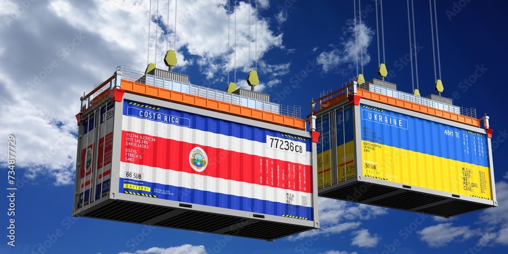 Shipping containers with flags of Costa Rica and Ukraine - 3D illustration