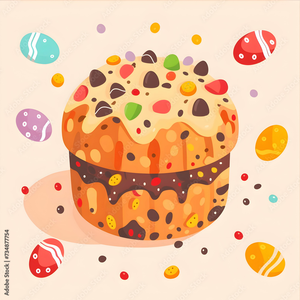 Flat illustration of delicious panettone with candied and chocolate with easter eggs background. High quality Flat illustration of delicious panettone with candied and chocolate with easter eggs background. High quality