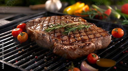 BBQ Steak. Barbecue Grilled Beef Steak Meat with Vegetables. Healthy Food. Barbeque Steak Dinner : Generative AI