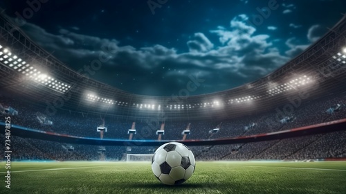 AI generated  large stadium illuminated by floodlights and soccer ball on the ground © Wirestock
