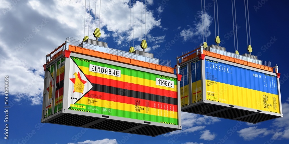 Shipping containers with flags of Zimbabwe and Ukraine - 3D illustration