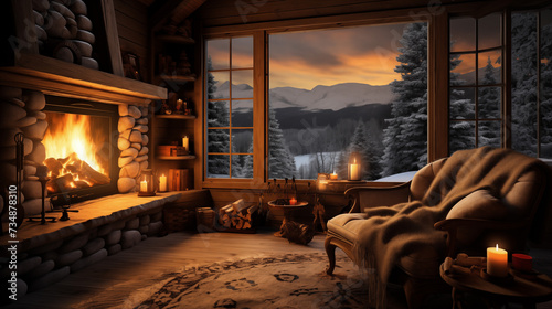 Rustic Log Cabin Fireplace in Snowy Forest photo