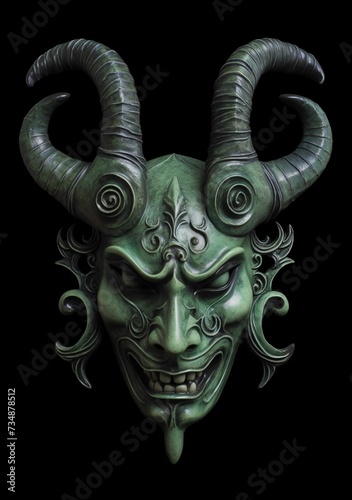 A bright green mask with two curved horns and a row of spikes protruding from the forehead