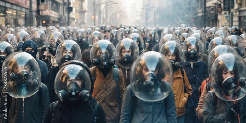 People wearing protective face masks. Air pollution concept. AI-generated. © Wirestock