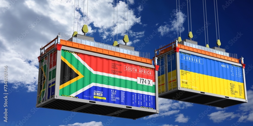 Shipping containers with flags of South Africa and Ukraine - 3D illustration