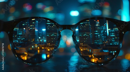 Night cityscape focused in glasses lenses : Generative AI © Generative AI