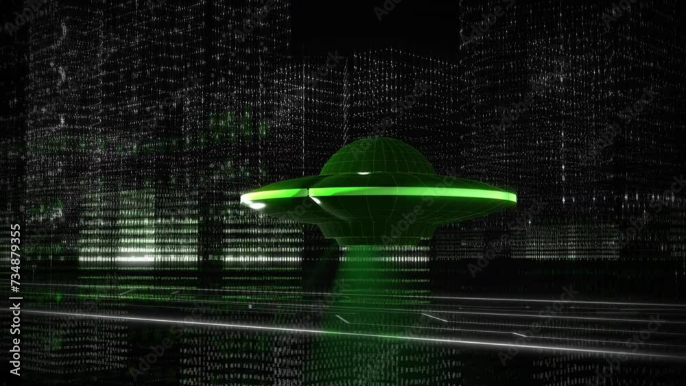 Wireframe Flying Object Bright Green Unidentified Flying Object Move In City In Digital ...