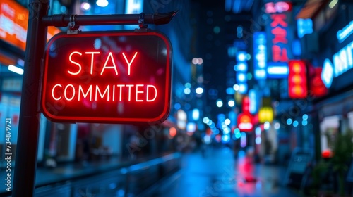 Stay committed motivational text on blurred background, success concept in defocused backdrop.