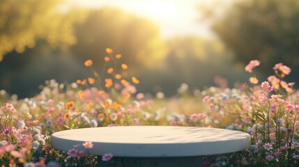 Blank product display podium with summer flowers field meadow on background. Beauty skincare cosmetics presentation. Organic natural concept.