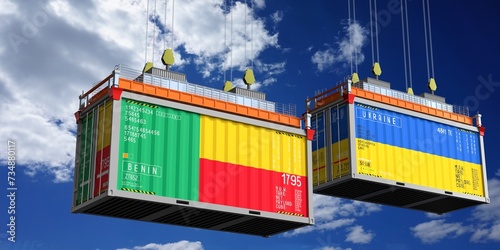 Foto Shipping containers with flags of Benin and Ukraine - 3D illustration
