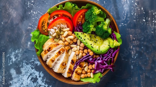Buddha bowl dish with chicken fillet, brown rice, avocado, pepper, tomato, broccoli, red cabbage, chickpea, fresh lettuce salad, pine nuts and walnuts. Healthy balanced eating. Top vie : Generative AI