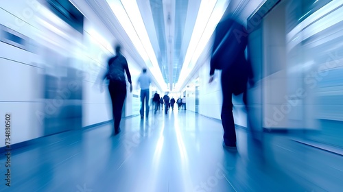 businesspeople walking in the corridor of an business center, pronounced motion blur : Generative AI