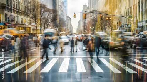 AI generated illustration of A bustling intersection with numerous cars and pedestrians photo