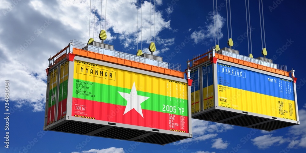 Shipping containers with flags of Myanmar and Ukraine - 3D illustration