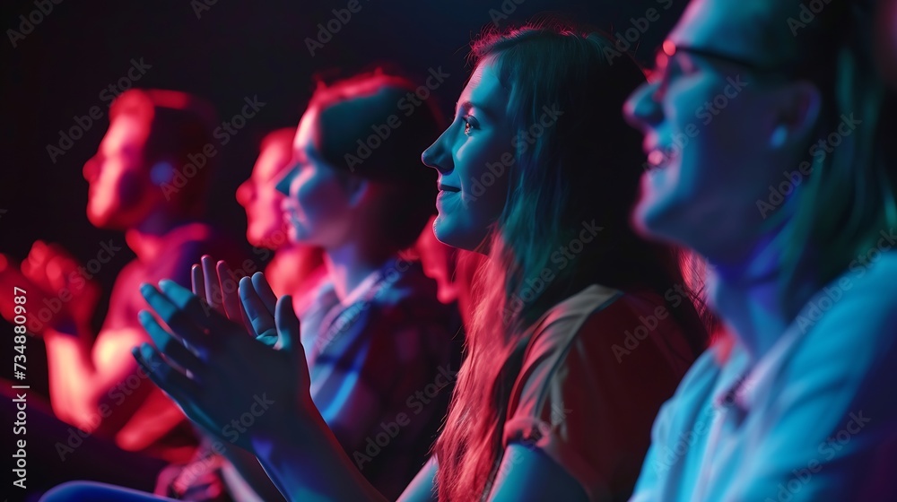 That was really great seminar. Side view of group of young cheerful people sitting on conference together and applauding : Generative AI That was really great seminar. Side view of group of young cheerful people sitting on conference together and applauding : Generative AI