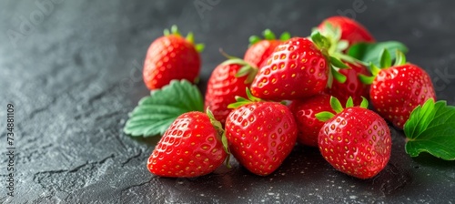 Close up view of ripe red strawberries with textured detail and leafy greens in vibrant colors