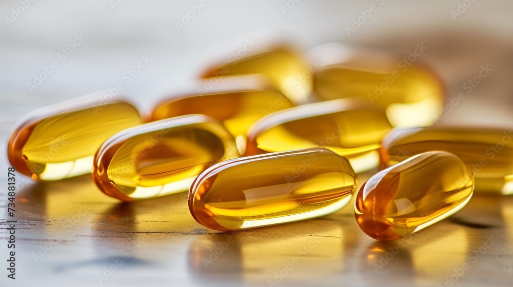 Macro view of vitamin d, e, yellow fish oil, omega 3 6 9 capsules for health and wellness concept. Macro view of vitamin d, e, yellow fish oil, omega 3 6 9 capsules for health and wellness concept.
