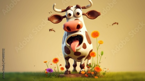 AI generated illustration of a cartoon cow grazing in a grassy field