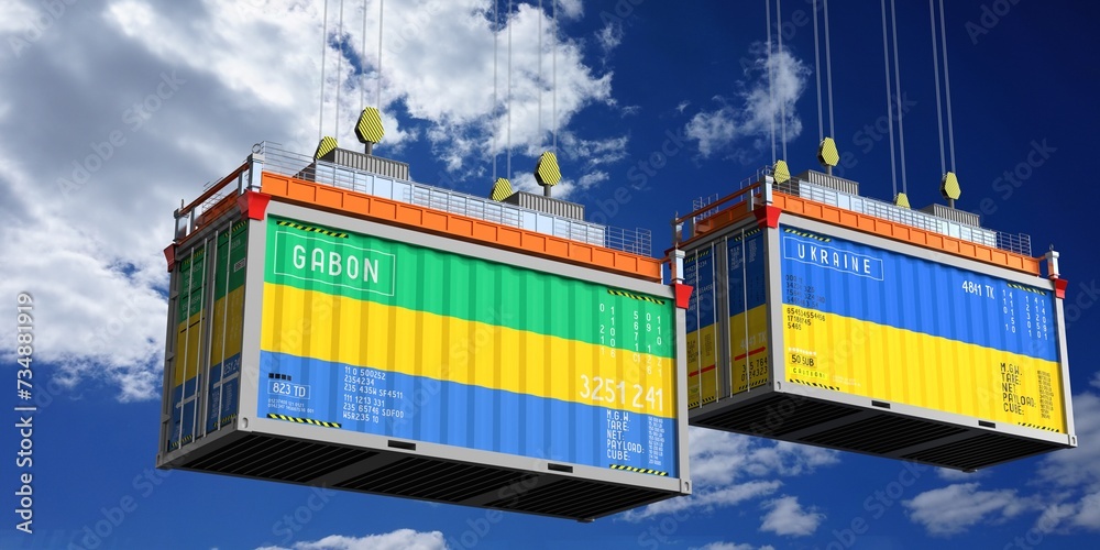 Shipping containers with flags of Gabon and Ukraine - 3D illustration