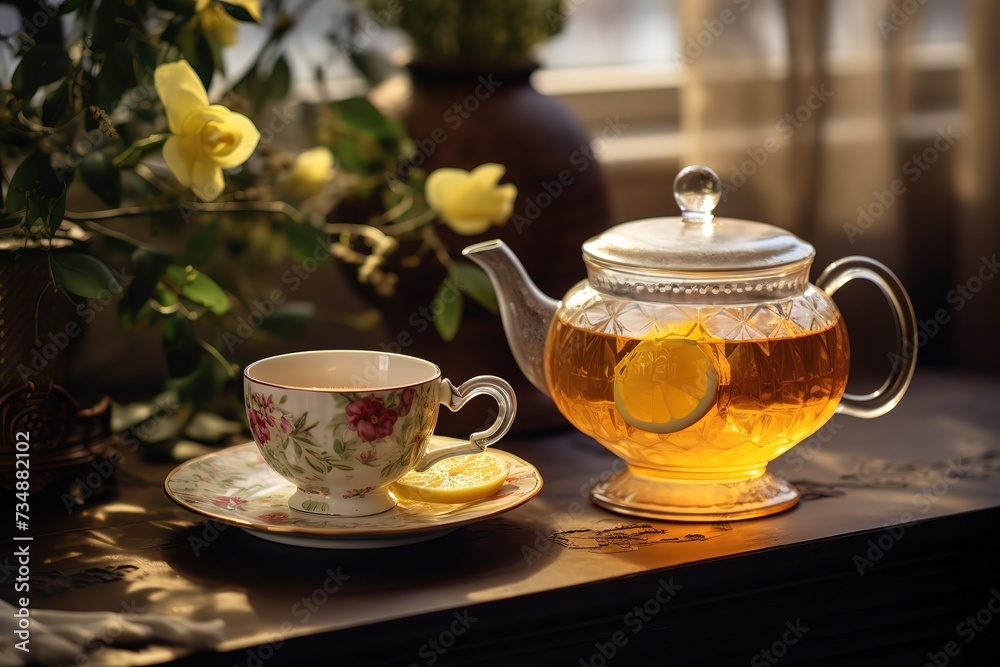 Tea with lemon in a teapot with a cup.