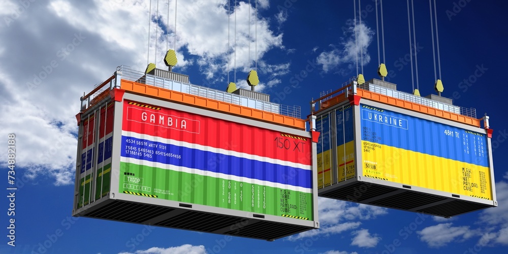 Shipping containers with flags of Gambia and Ukraine - 3D illustration