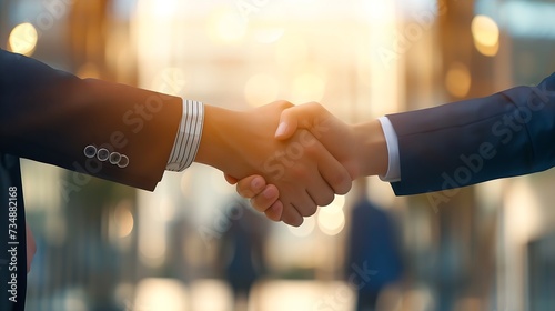 Business partnership handshake concept.Photo two coworkers handshaking process.Successful deal after great meeting.Horizontal, blurred background.Wide : Generative AI