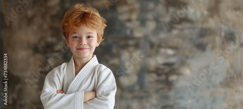 Cheerful european boy at judo or karate training, looking at camera with text space