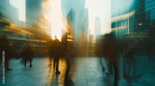 A group of people is against the backdrop of modern buildings. Blurred motion. Silhouette. : Generative AI