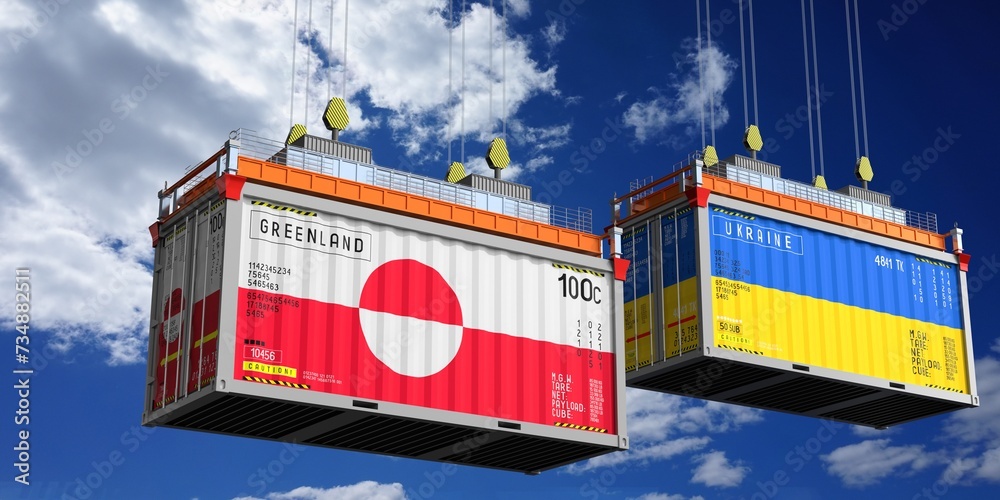 Shipping containers with flags of Greenland and Ukraine - 3D illustration