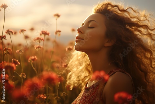 A girl enjoys the sunset in a field of wildflowers. © Tamara