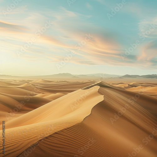 desert dunes at twilight, a mesmerizing landscape bathed in soft hues of orange and pink beneath the fading sun © Grumpy