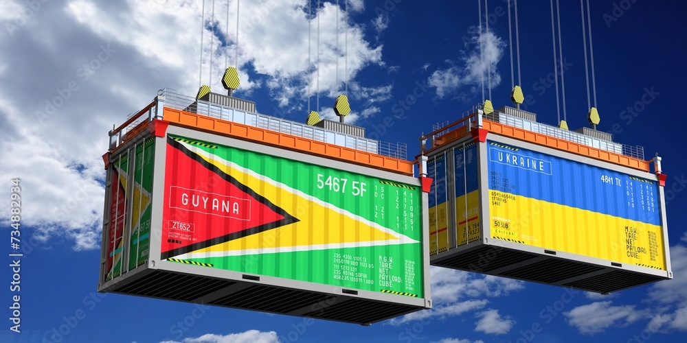 Shipping containers with flags of Guyana and Ukraine - 3D illustration