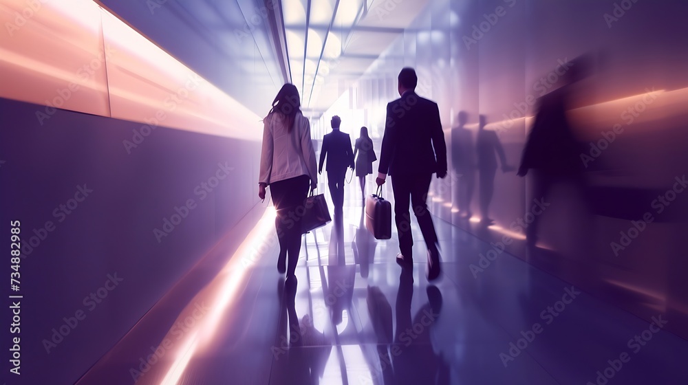 businesspeople walking in the corridor of an business center, pronounced motion blur : Generative AI - obrazy, fototapety, plakaty 