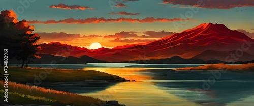 an image of a lake near mountains at sunset with a sky in the background photo