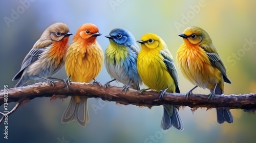 birds of different colors are close together © nataliya_ua