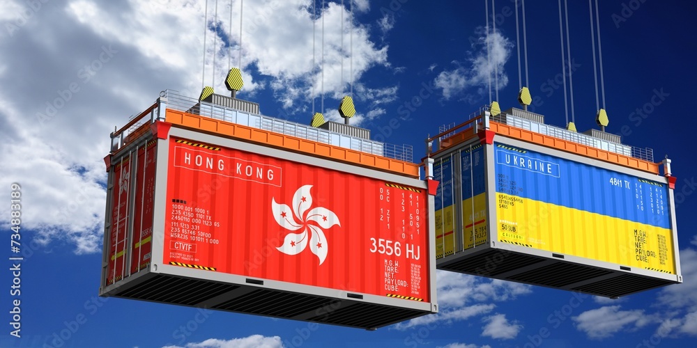 Shipping containers with flags of Hong Kong and Ukraine - 3D illustration